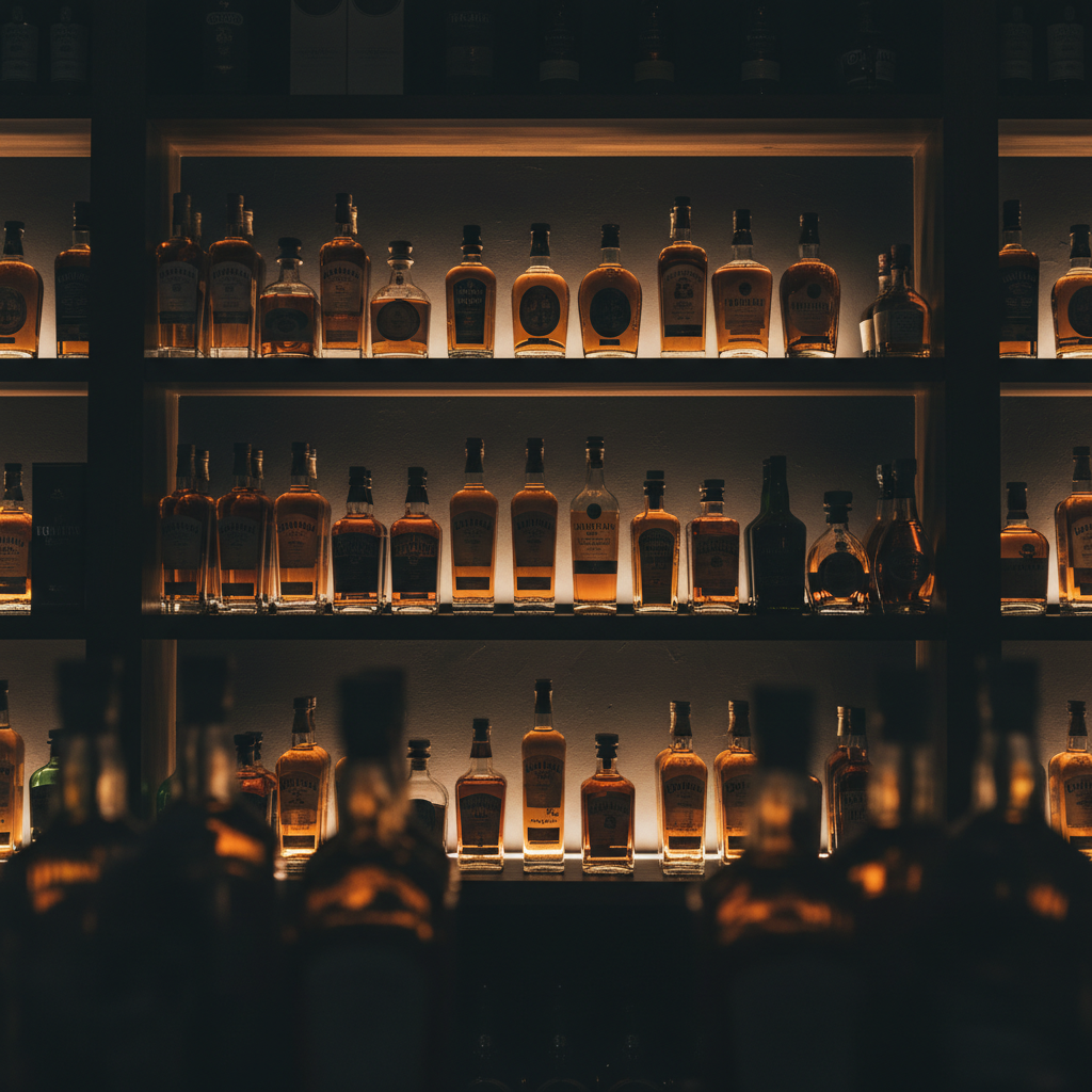 Warmly backlit wall of premium bottles inside Kings Liquor in California, MD